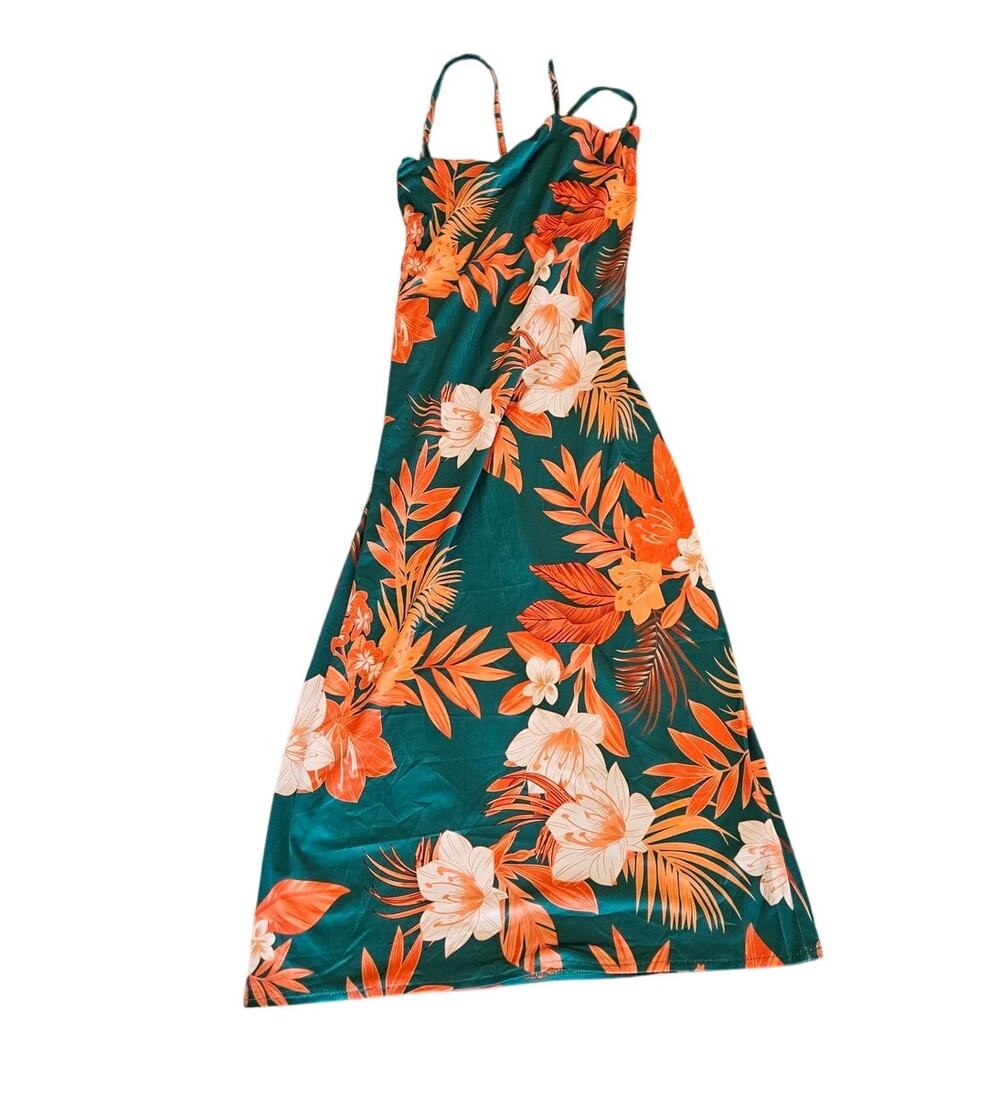 SHEIN Tropical Floral Slip Dress Medium Green Orange Tie Back Midi Summer